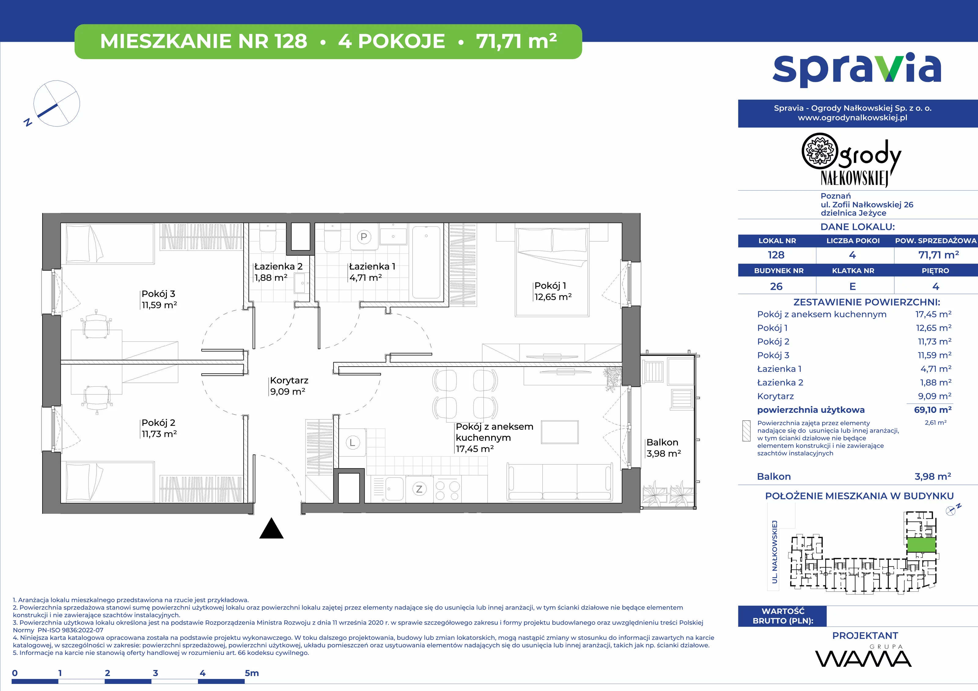 4 pokoje, mieszkanie 71,71 m², piętro 4, oferta nr 26-128, Ogrody Nałkowskiej, Poznań, Ogrody, ul. Nałkowskiej 24, 26